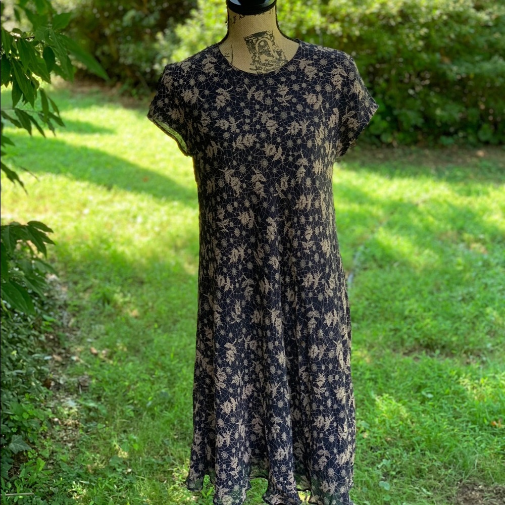 Tracy M lined Navy and cream silk dress size M/L